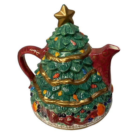 Bella Casa By GANZ Kitchen Christmas Tree Teapot With Gold Star On Top Large 6" - Picture 1 of 15